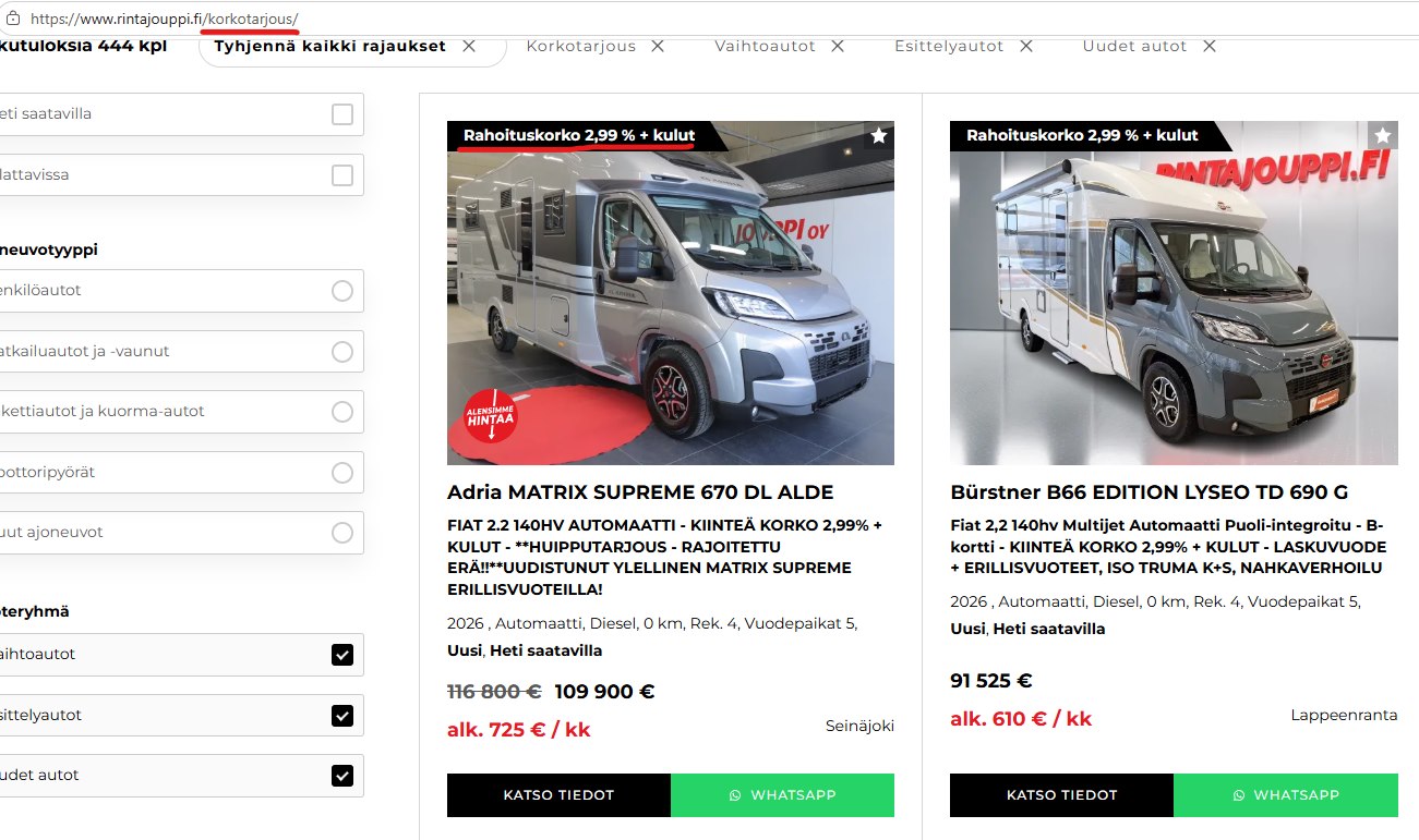 Rinta-Joupin korkotarjous-sivu: matkailuautoja rahoituskorolla 2,99 % + kulut