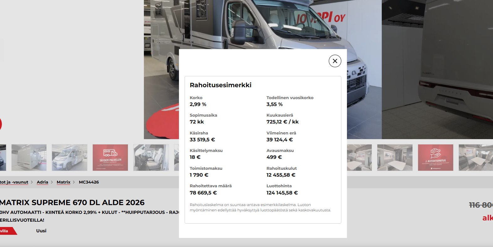 Rinta-Joupin rahoitusesimerkki: korko 2,99 %, todellinen vuosikorko 3,55 %, avausmaksu 499 euroa ja toimistomaksu 1 790 euroa