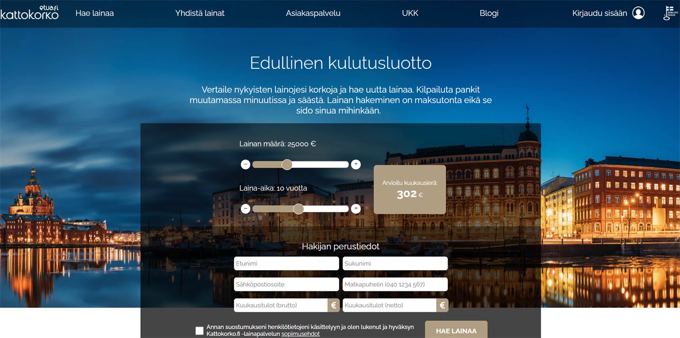 Kattokorko.fi-lainanvälittäjän hakulomake: lainan määrä 25 000 euroa, laina-aika 10 vuotta ja arvioitu kuukausierä