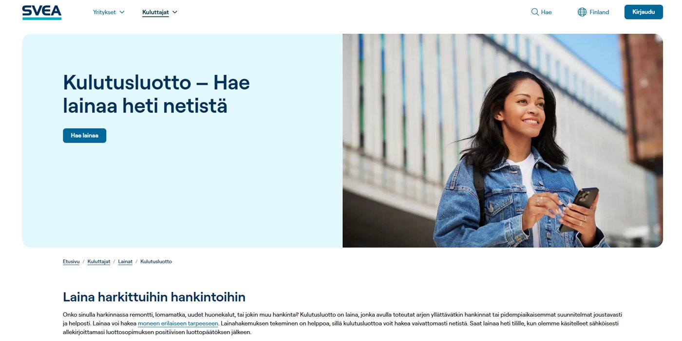 Svean kulutusluottosivu: laina harkittuihin hankintoihin